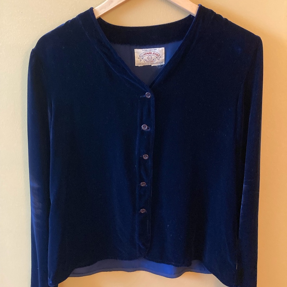 Armani Jeans women’s navy blue velvet long sleeve button up top. Good condition.